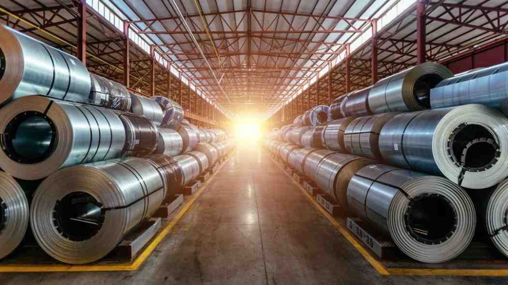 Warehouse with stacks of aluminum and steel rolls.