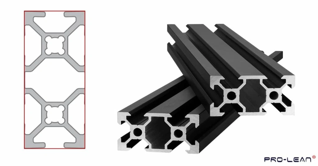 A typical drawing of a 2040 aluminum extrusion and corresponding extruded profiles on the right 