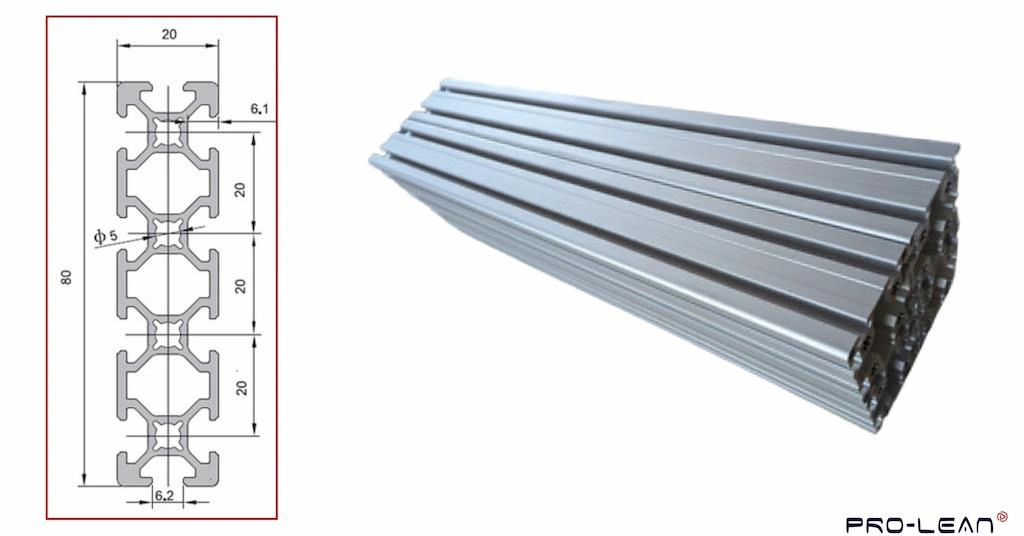 A demo drawing of an 8020 aluminum extrusion on the left and a pile of corresponding extruded profiles on the right 
