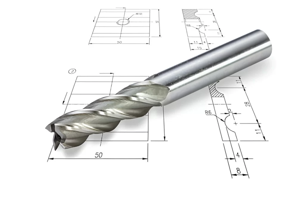 3 Flute Carbide Finisher End Mill placed on technical drawing.