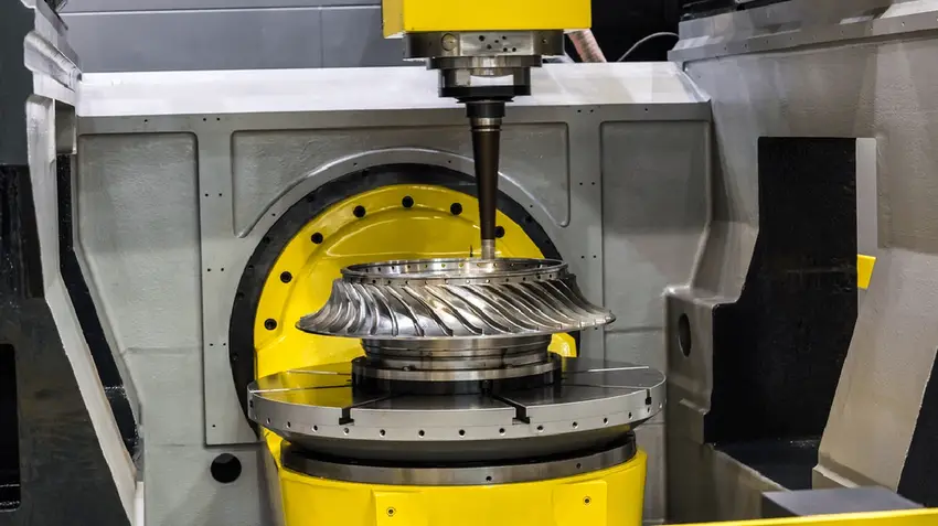 Image of 5-axis CNC machine with tilting rotary table machining a turbine impeller with curved blades
