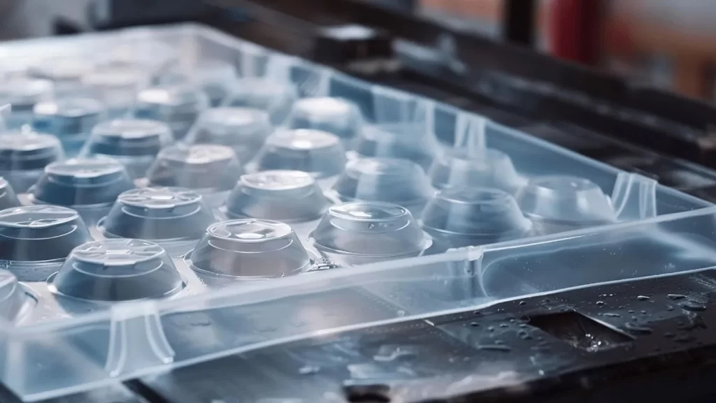 A transparent plastic tray with multiple molded compartments