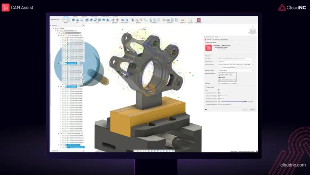 An AI-CAM software interface displaying a 5 axis CNC software machining simulation of a complex bracket