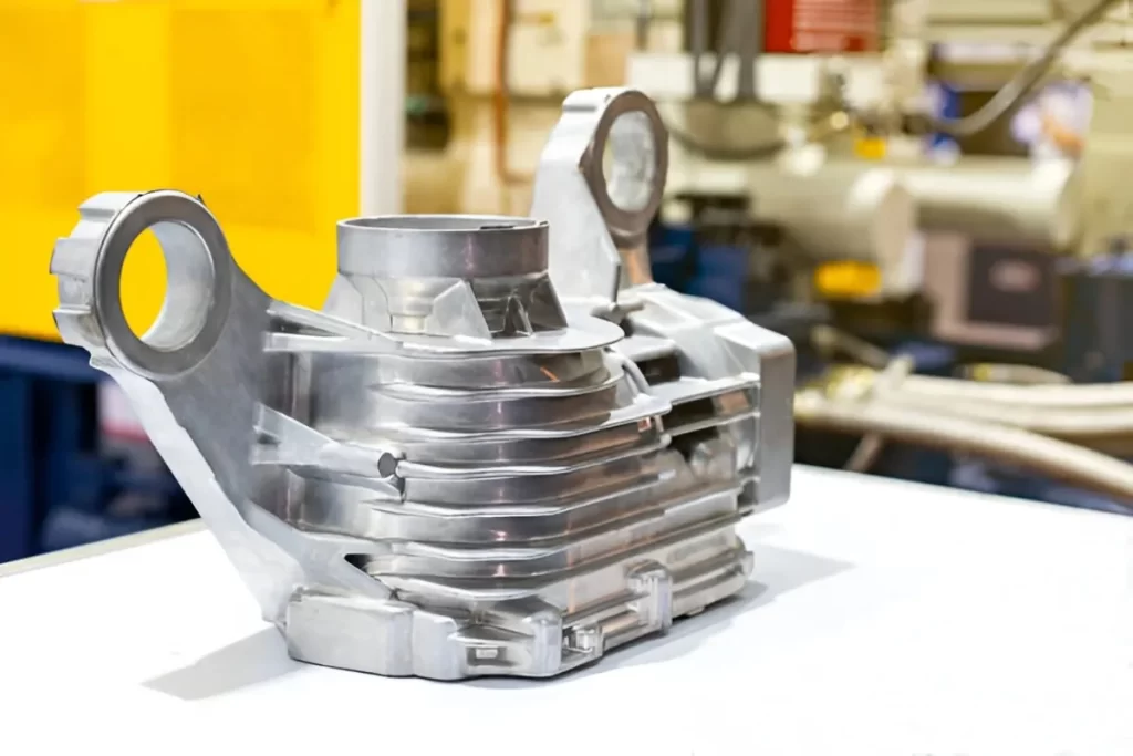 The image depicts an Aluminum die-cast part on display.