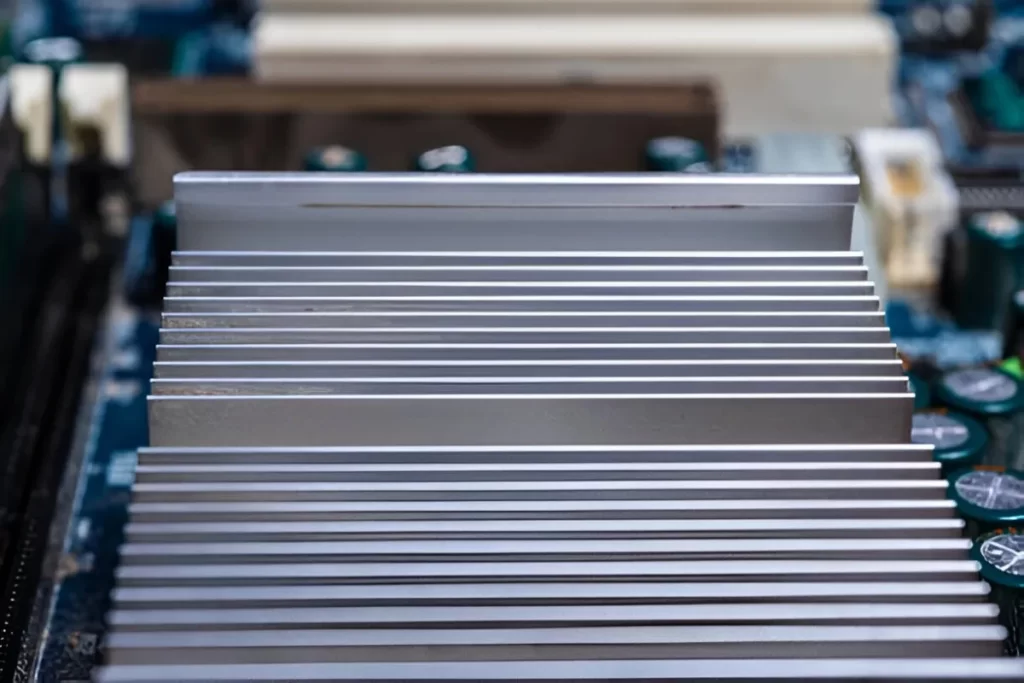 Machined aluminum heat sink with cooling fins.
