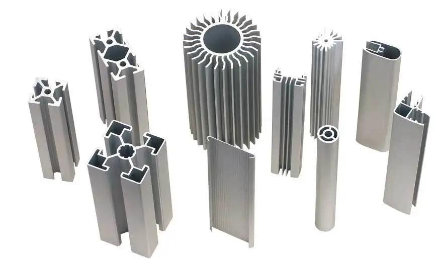 Various aluminum extrusion profiles showcasing different industrial shapes and designs.
