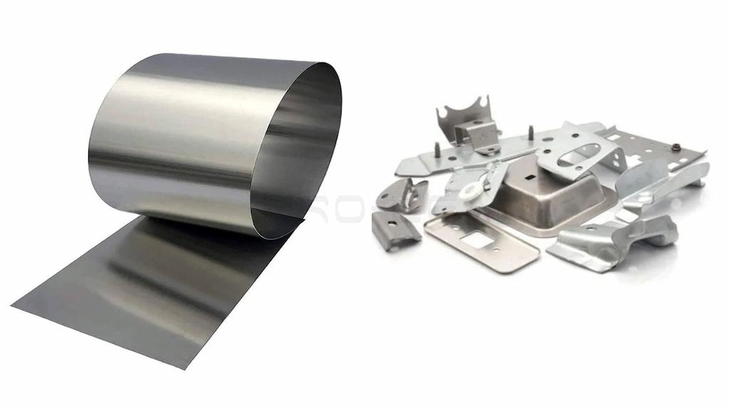 A coil of raw aluminum sheet and stamping parts side by side