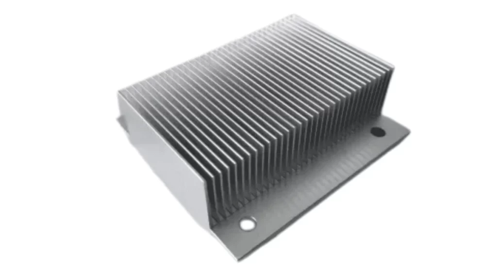 Showcase of an anodized aluminum heatsink with a smooth surface, used in electronics for cooling