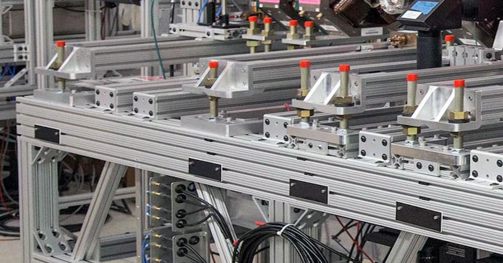 A close-up view of an automated workbench made with 8020 aluminum extrusion profiles 