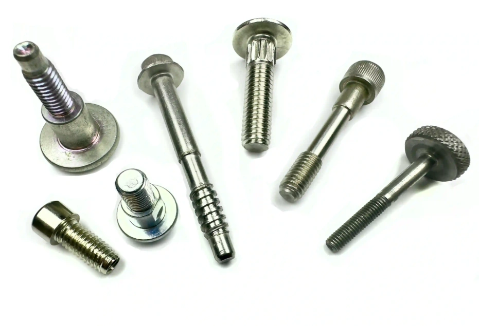 Seven automotive bolts with various thread types and head designs