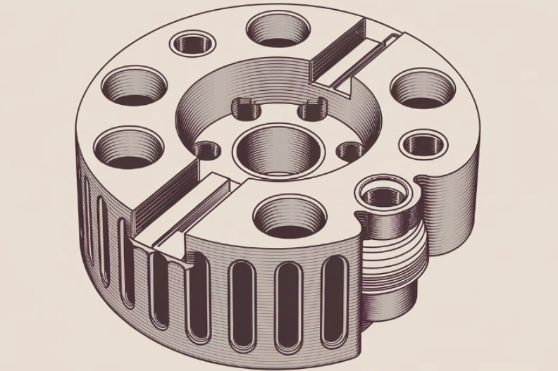 A CAD of a mechanical part with precision holes and threaded features