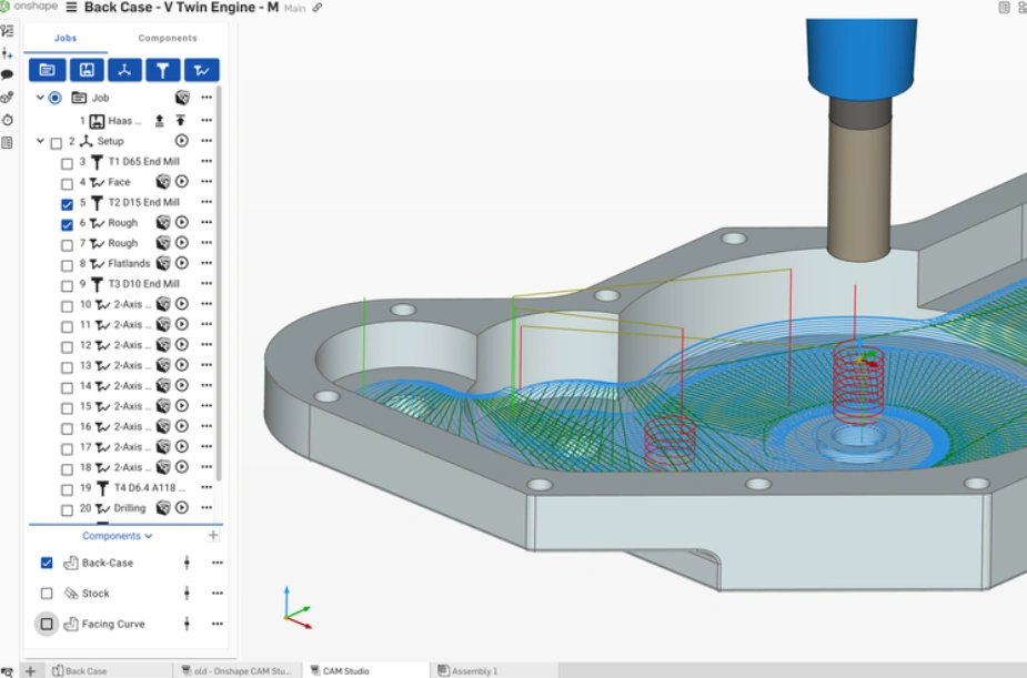CAM software interface showing toolpath programming for engine case machining operations 