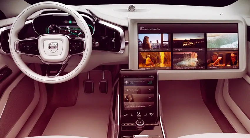 Modern car interior concept with digital dashboard and touchscreen interfaces