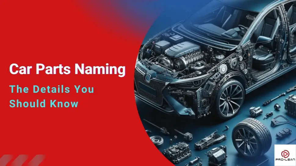 Cutaway car showing internal components with scattered automotive parts on a blue background