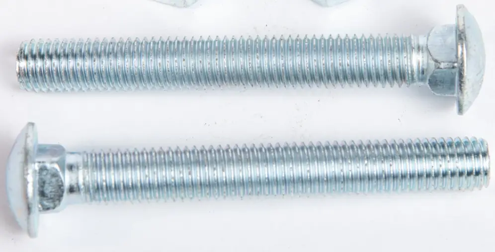 Two silver carriage bolts positioned in opposite orientations to show head and thread ends