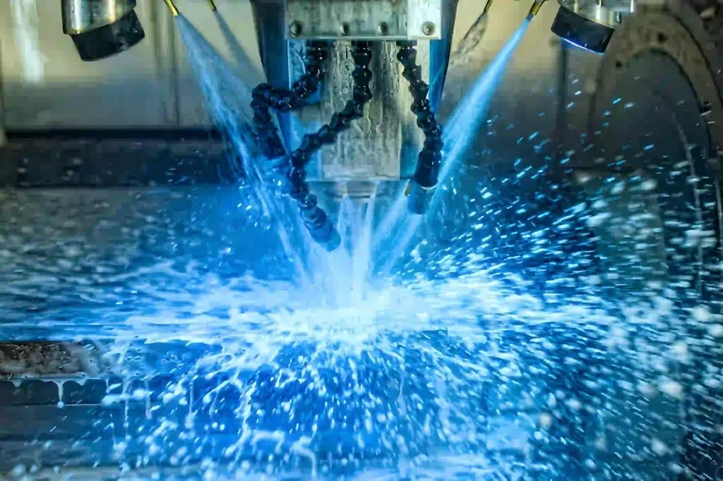 The image shows a CNC milling machine using coolant fluid during cutting