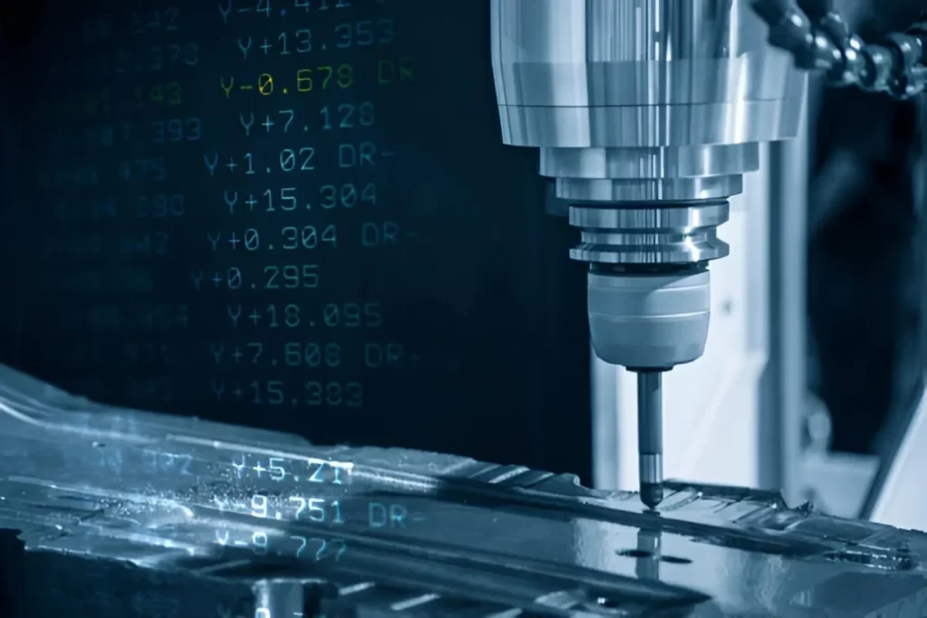 A CNC machine showing a machining operation in progress. A programming screen is visible nearby, displaying code used to control the process.