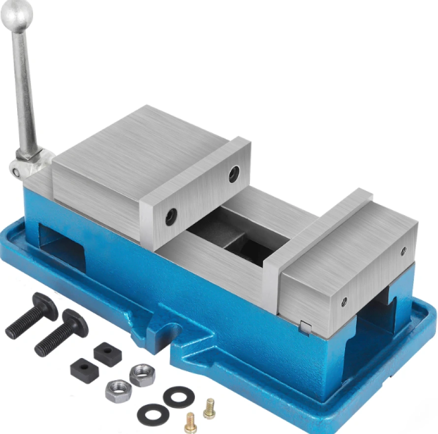Blue CNC machine vise with steel jaws and clamping hardware components displayed alongside