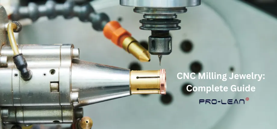 Close-up of a CNC milling machine with a brass tool precisely machining a small jewelry component under coolant spray.