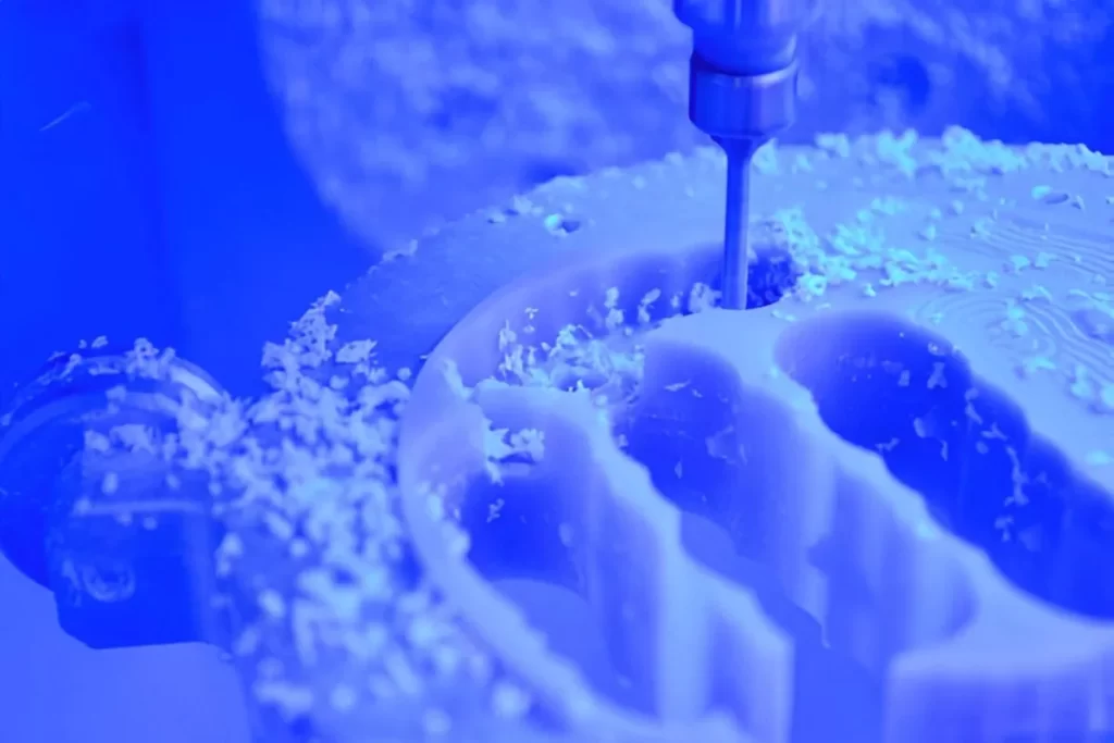 The image shows machining ceramic material with a CNC milling machine.