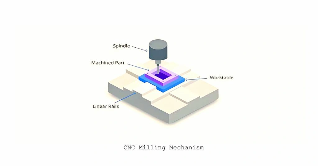 A schematic diagram of CNC Milling setup, showing spindle, work table, and linear rails.