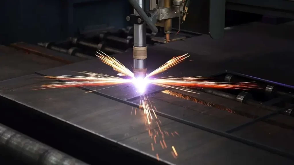 The image shows a CNC plasma cutting machine, with sparks flying as the plasma cuts through the material.