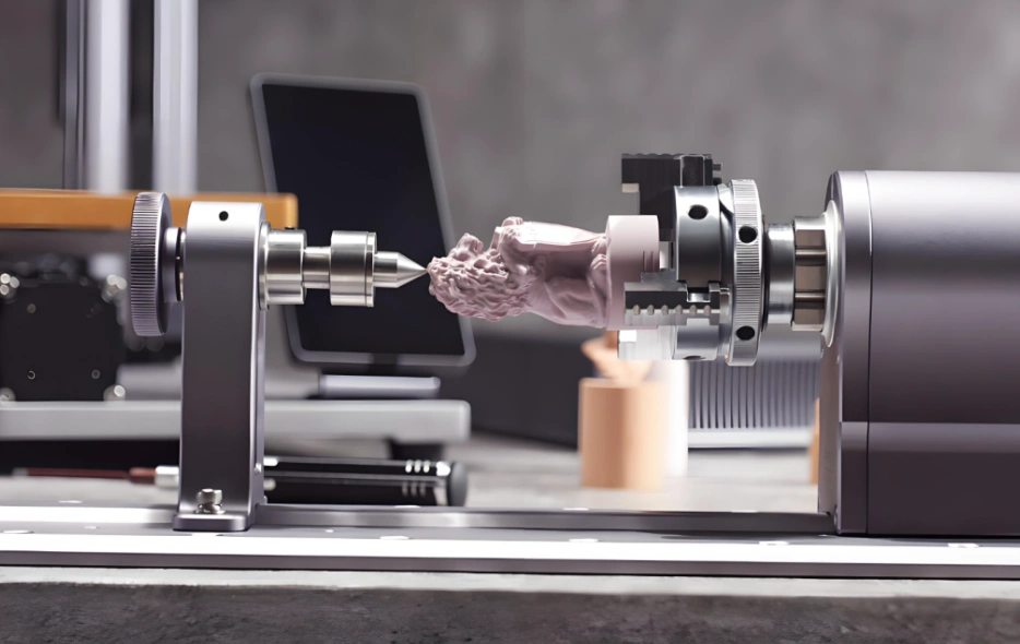 An image of the CNC rotary engraving machine showing a spindle and rotating tool