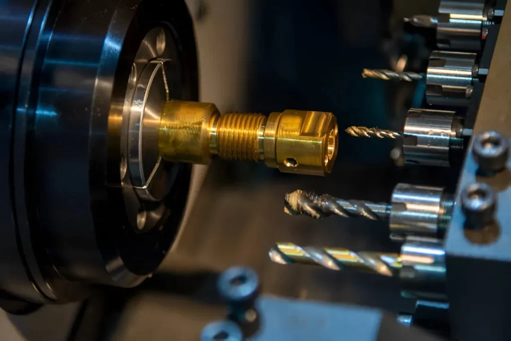 Image showing CNC Swiss lathe machining in action with a part and a couple of cutting tools engaged.