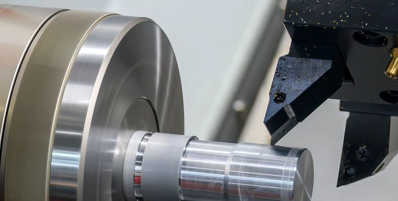 A cylindrical metal workpiece held by a chuck with a tool removing material along its length