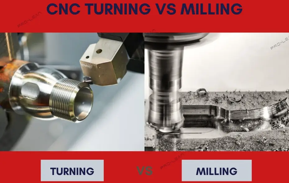 Comparison image showing CNC turning operation on threaded part versus CNC milling operation on metal workpiece