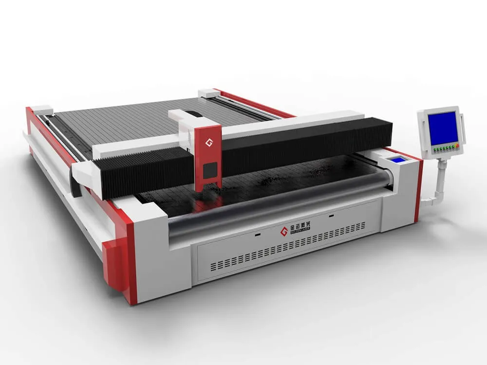 Industrial CO2 flatbed laser cutting machine with red and white frame, featuring a large work table and control panel display screen.