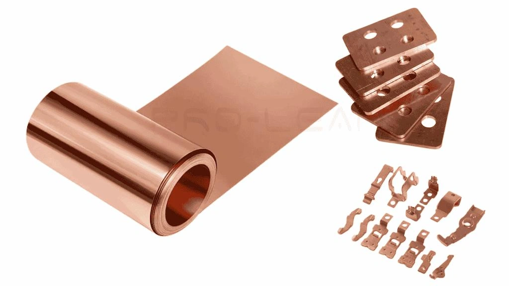 A coil of raw copper sheet and stamping parts side by side