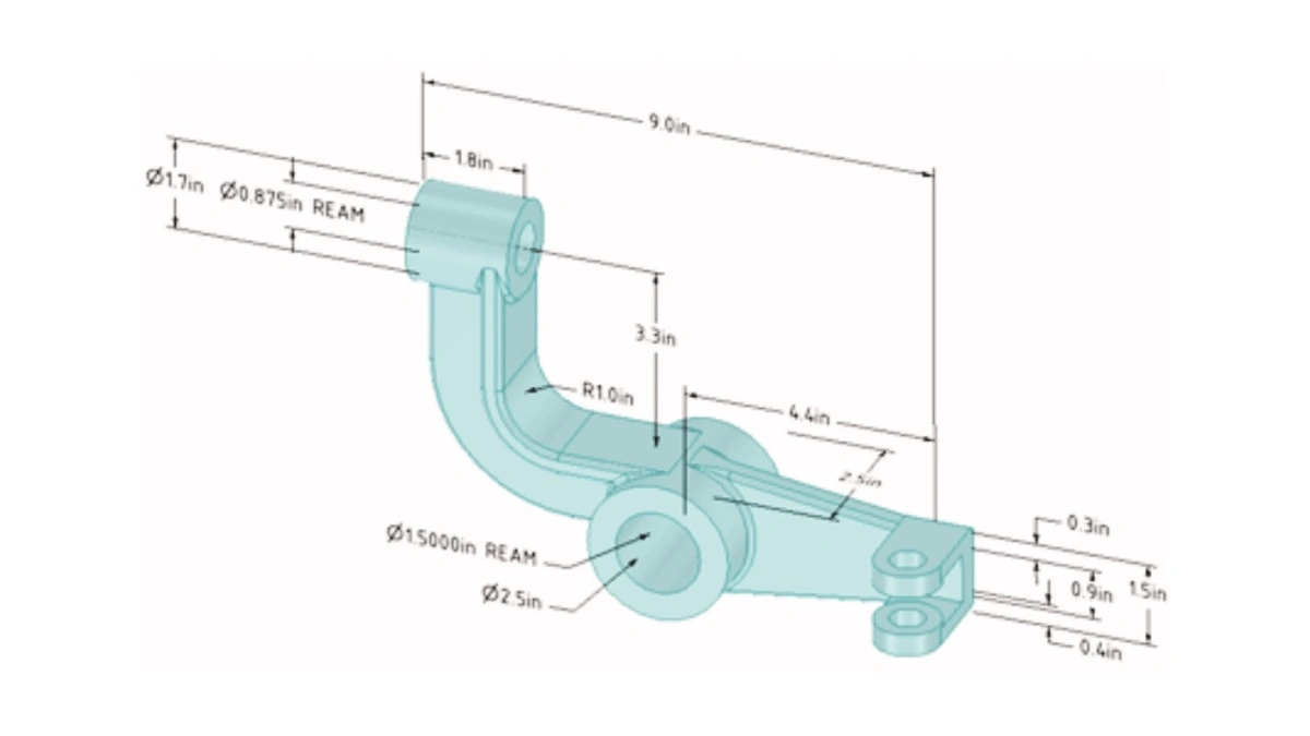 Machined component with dimension annotations showing length, width, top, holes, and sides.