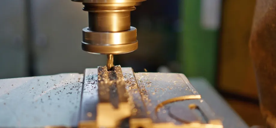 Precision CNC milling cutter removing material from a metal block, producing chips in a dry or MQL green machining setup.