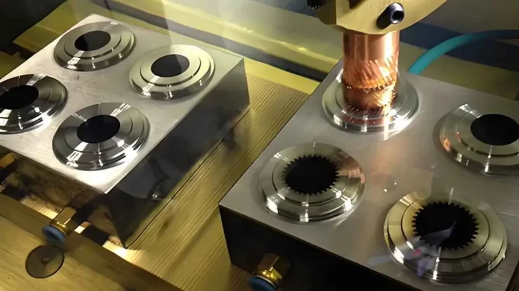 An image depicting the EDM process of creating a die with intricate geometry, sharp contours, and exceptional precision