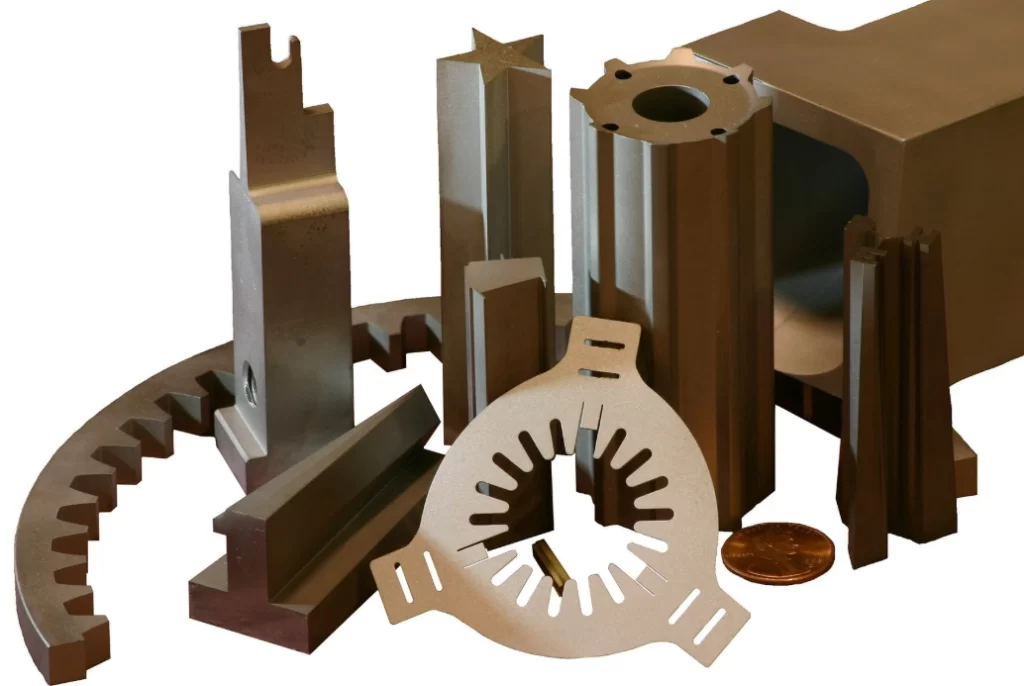 Various metal parts with complex geometries produced by EDM machining