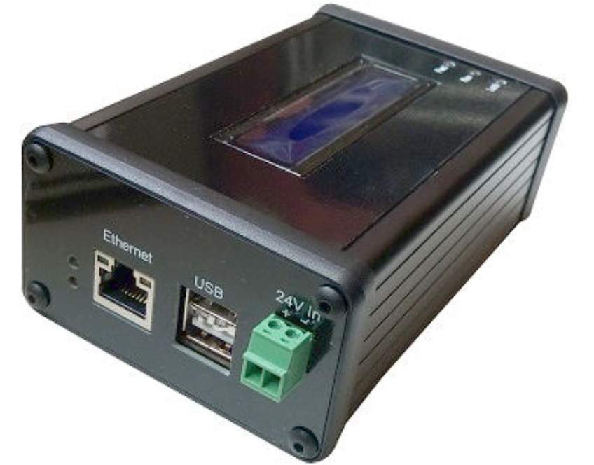Black industrial control box or interface device with LCD and other features, showcasing an electronic prototype