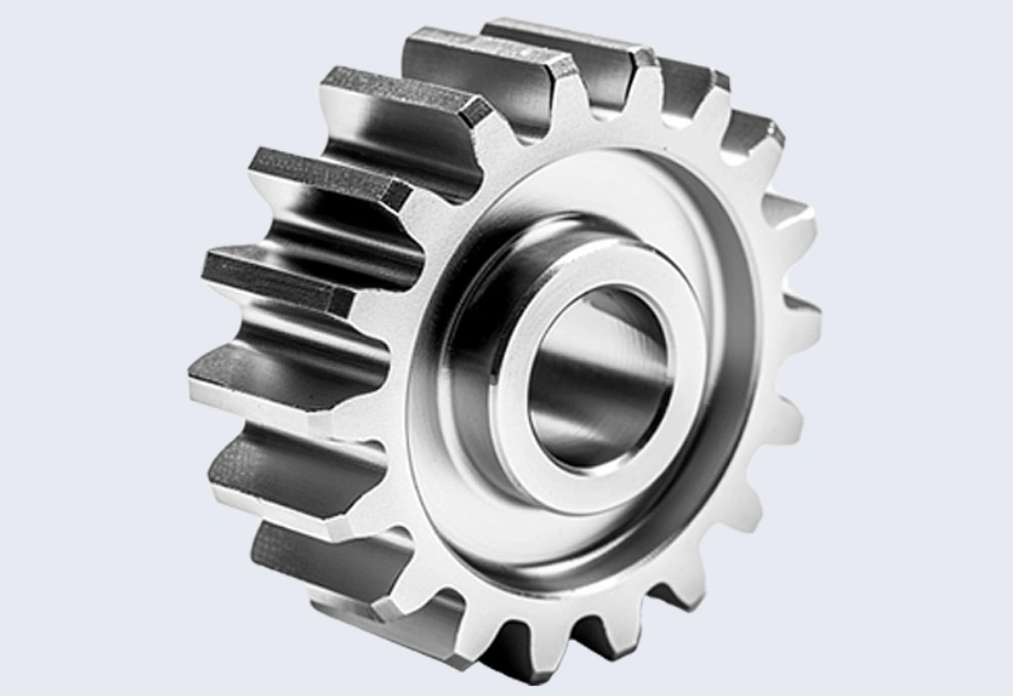Precision-machined metal gear with straight-cut teeth and a central bore displaying an engineering prototype