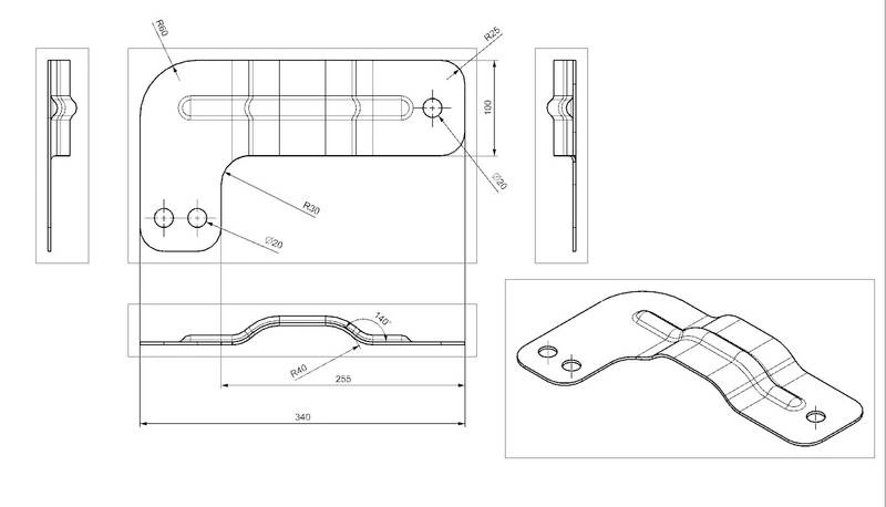 A 2D engineering drawing of sheet metal bracket