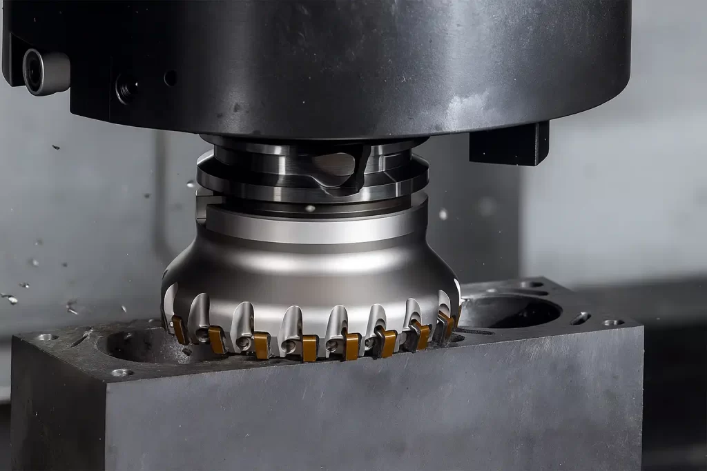 A close-up of a face milling cutter creating a flat surface.