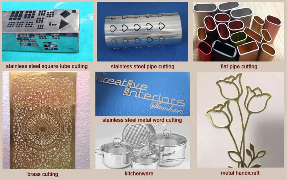 Collection of precision laser-cut metal products by fiber laser showcasing kitchen graters, perforated panels, signage, and stainless steel cookware applications.