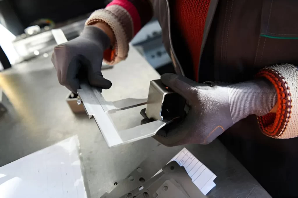 Image shows a person inspecting a final prototype sheet metal part with a vernier caliper.