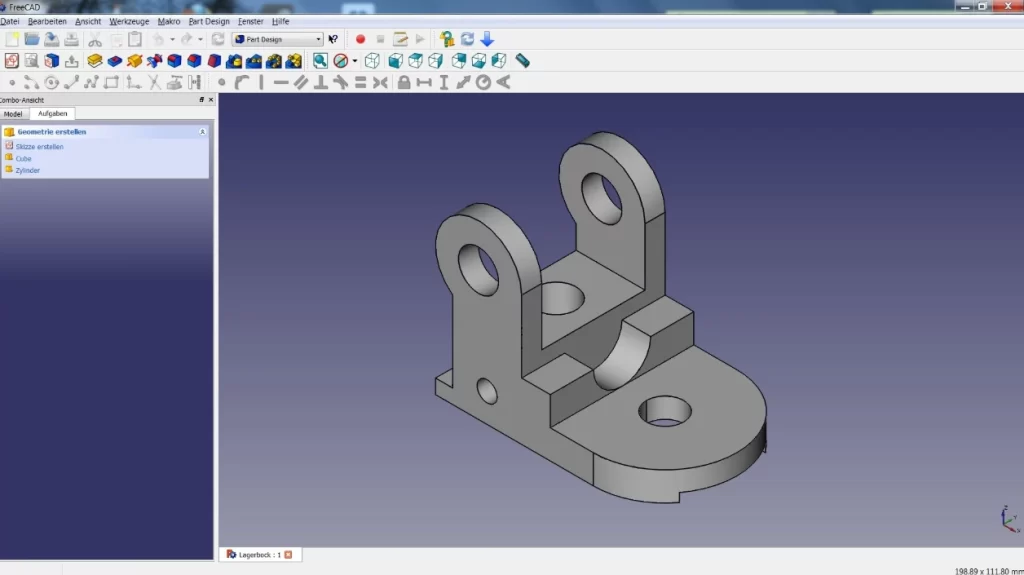 FreeCAD interface showing a 3D model of a mechanical bracket with mounting holes and cylindrical features
