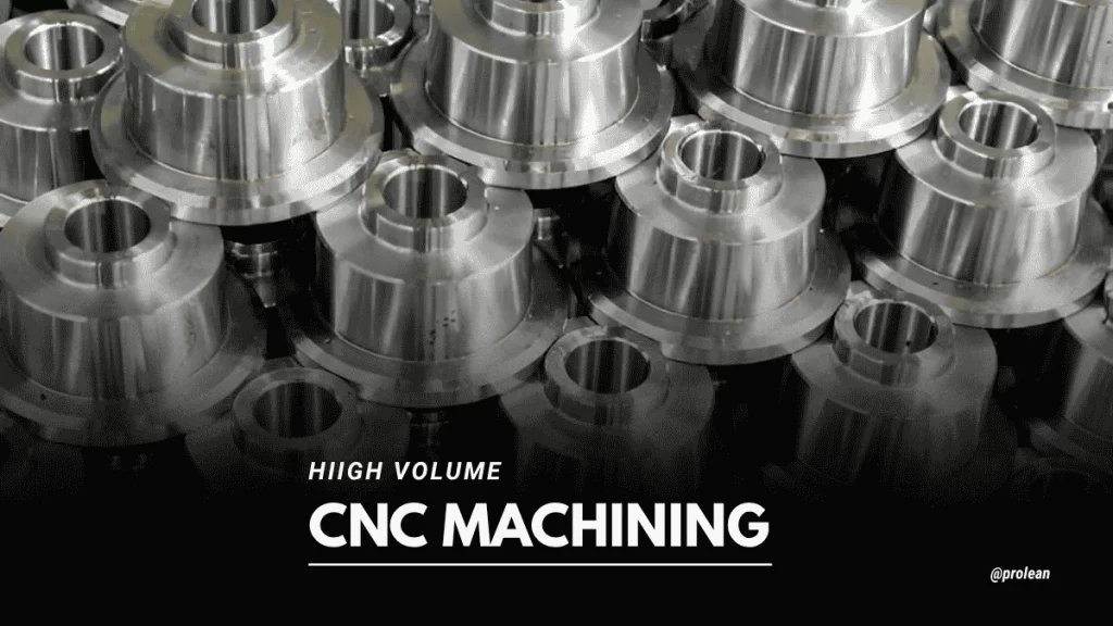 Feature image with text overlay reading High Volume CNC Machining, set over a background of stacked machined metal parts.