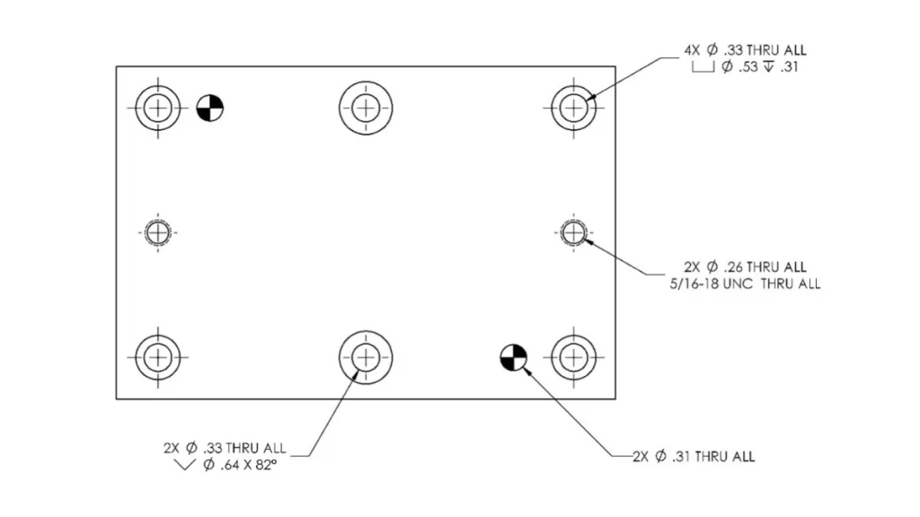 Hole callouts with angles and dimensions clearly marked on the drawing.