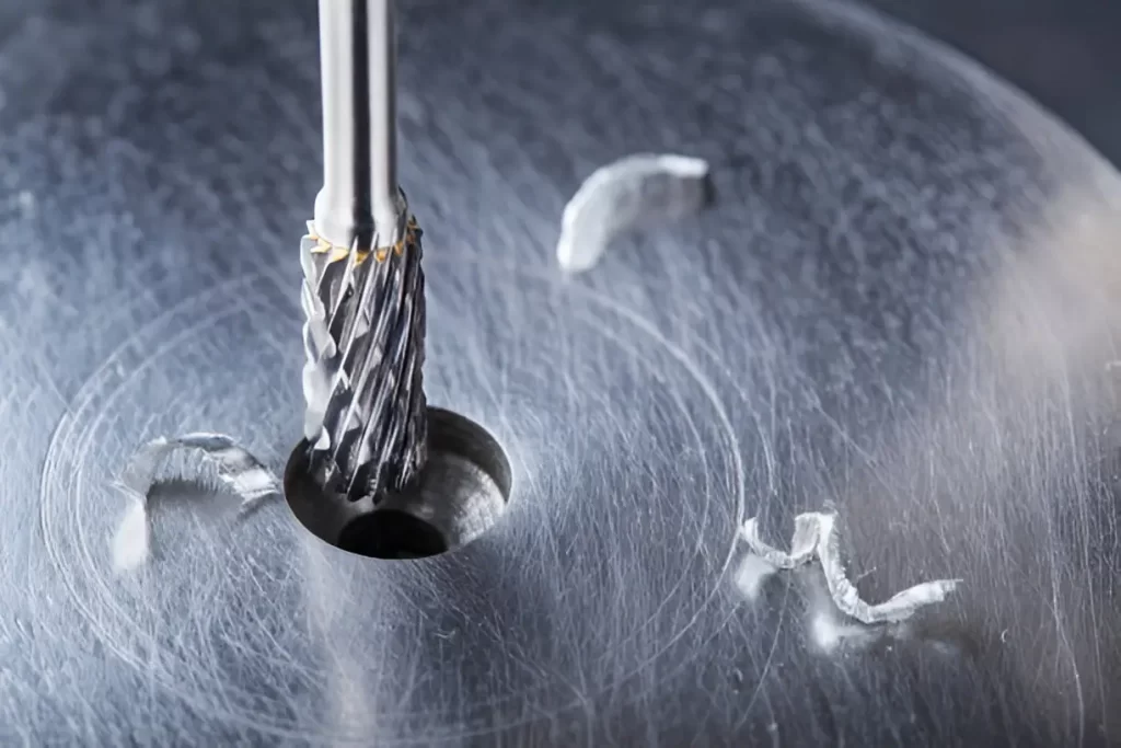 A milling cutter is drilling a hole into a metal workpiece.