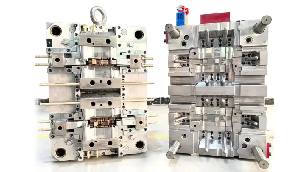 A diagram showing a hot runner and a cold runner injection mold