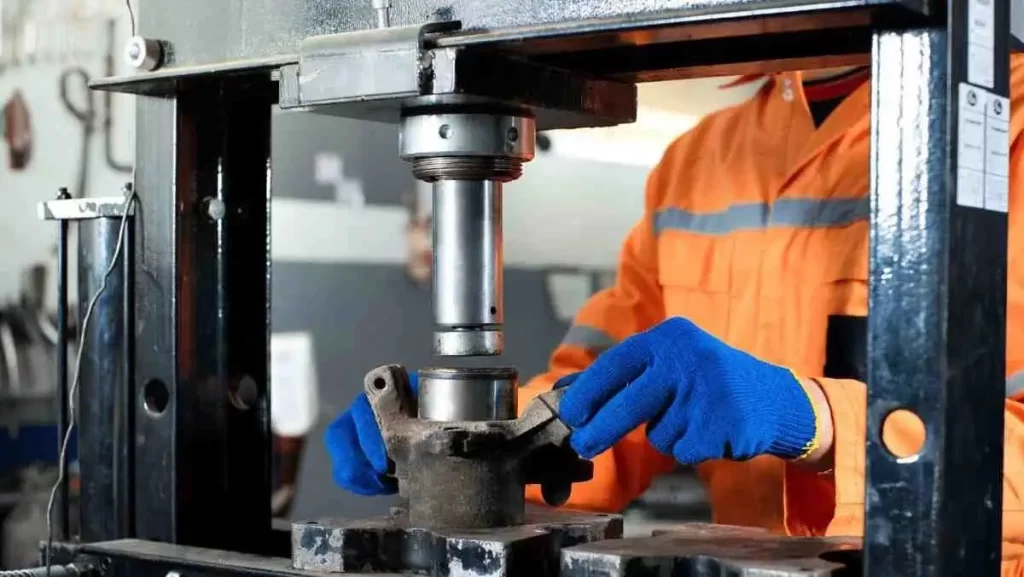 Worker using hydraulic press for a tight fit.