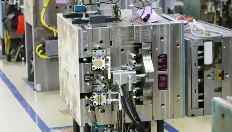 Close-up of injection molding machine mold assembly with hydraulic clamps and tooling