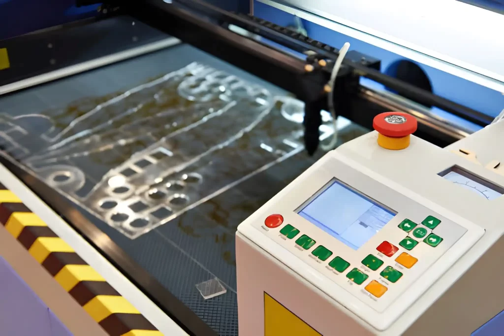 Laser cutting machine with control panel actively cutting a plastic sheet.